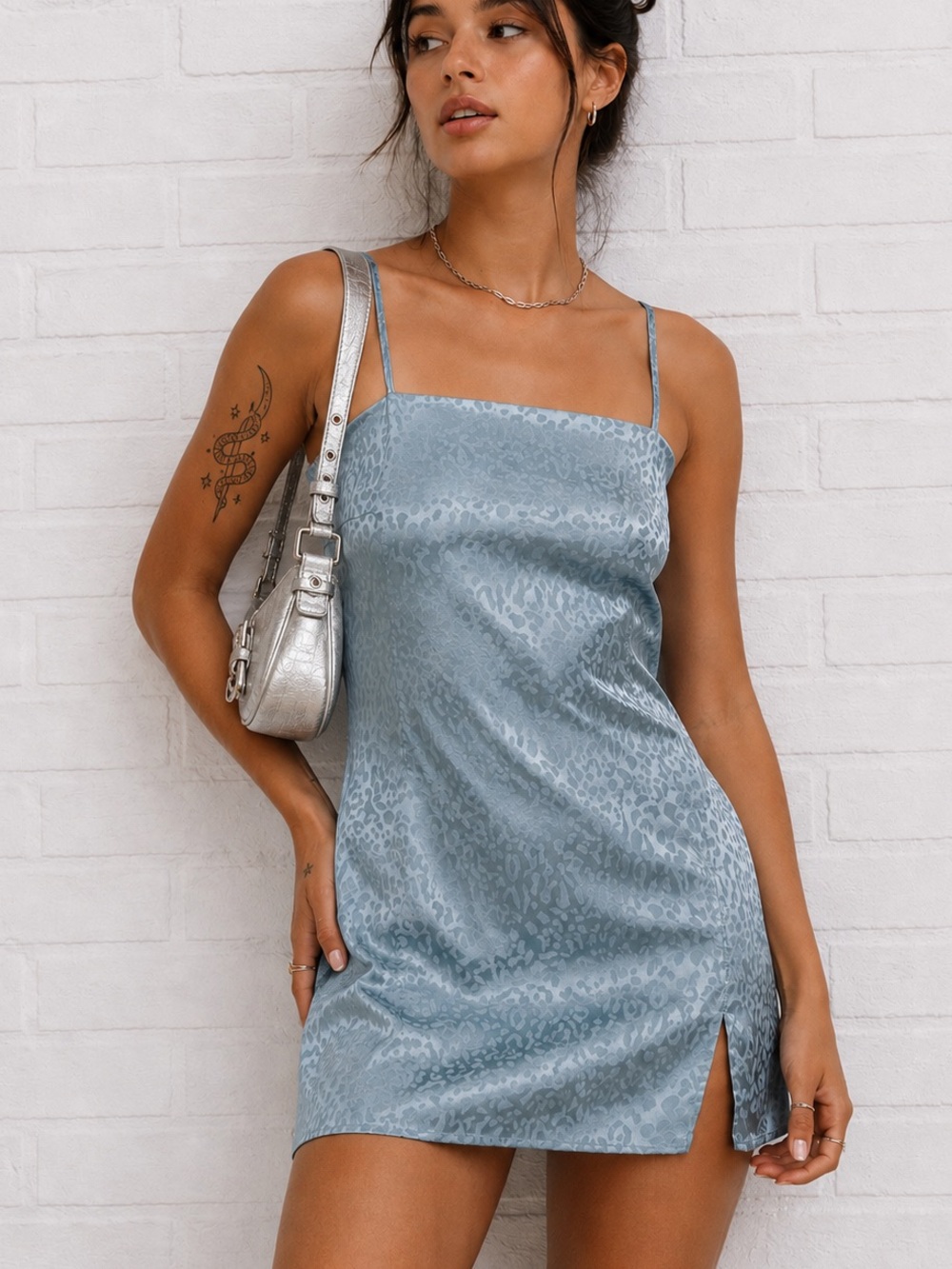 Blue Cheetah Satin Slip Mini Dress M Y2K Indie Sleaze Going Out Party
